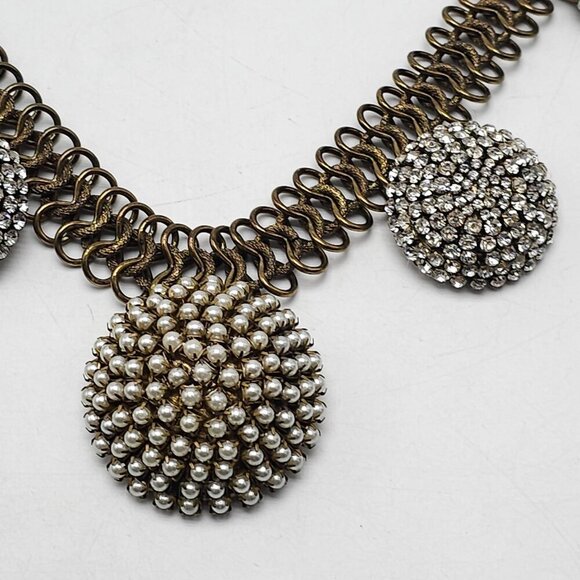 Chico's Runway Haute Couture Domed Rhinestones Faux Pearls Gold-Tone Necklace - Picture 6 of 8